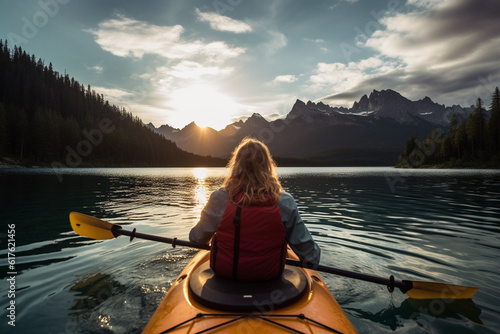 Illustration of paddling on a mountain lake. Generative AI. 