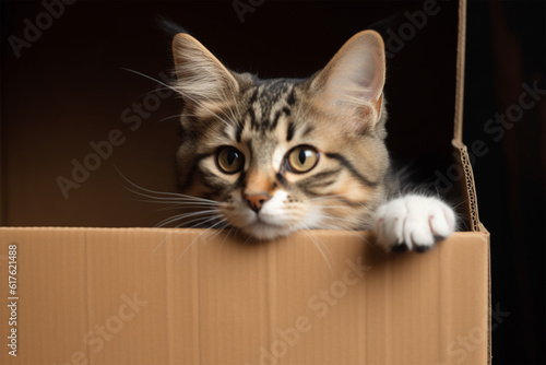 a cute cat hiding in a cardboard box