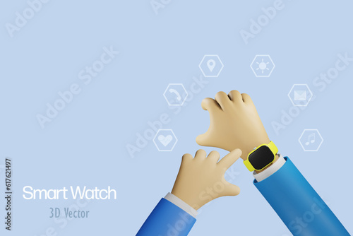 Businessman hand wearing smart watch touch screen with multimedia network connecting icons. 3D vector, wearable technology.