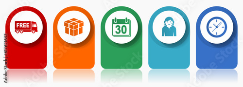 Business icon set, miscellaneous vector icons such as free delivery, calendar, clock and call center, modern design infographic template, web buttons in 5 color options
