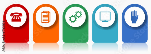 Technology icon set, miscellaneous vector icons such as phone, document, gears, tv and hand, modern design infographic template, web buttons in 5 color options