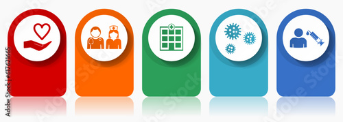 Medical icon set, miscellaneous vector icons such as doctor, nurse, hospital, help and flu, modern design infographic template, web buttons in 5 color options