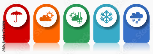 Weather forecast icon set, miscellaneous vector icons such as umbrella, clouds, sun and snowflake, modern design infographic template, web buttons in 5 color options