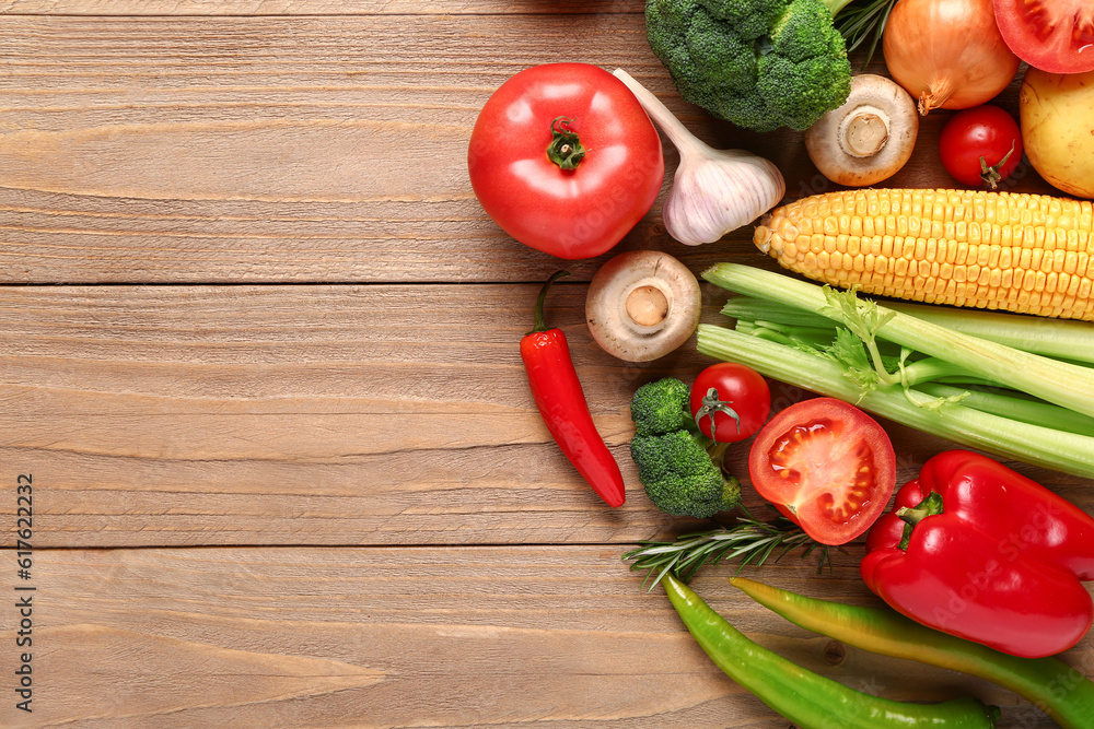 Fresh ripe vegetables on wooden background Fresh ripe vegetables on wooden background