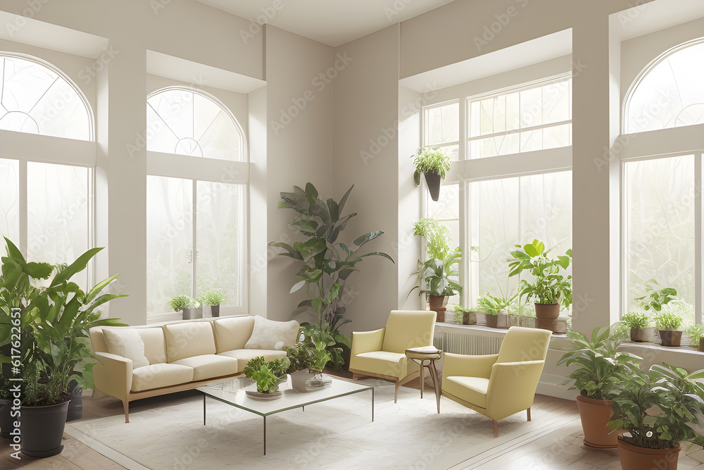 Modern interior with a lot of plants. Organic living