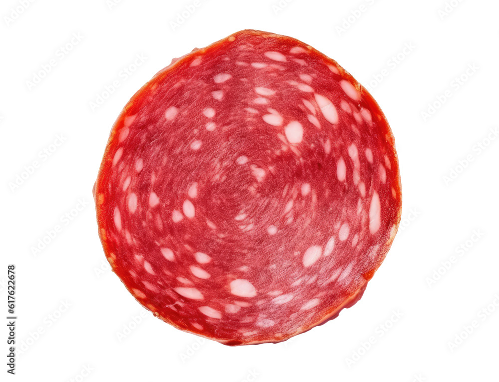 Round slice of salami isolated on transparent background, top view Round slice of salami isolated on transparent background, top view