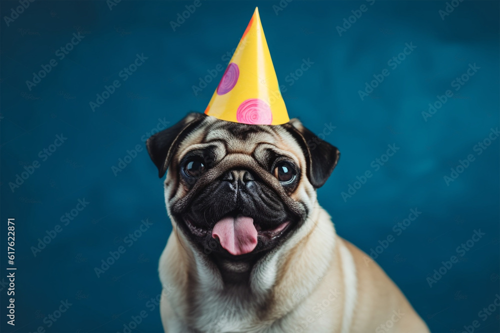 a cute dog wearing a cone hat