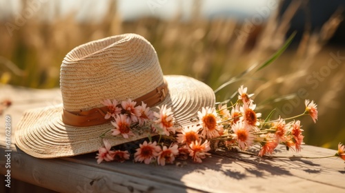 straw hat and flowers on the bench