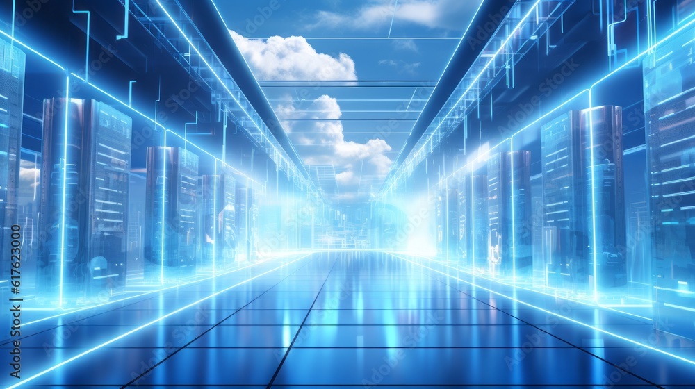 cloud computing concept art abstract, cloud server. data center organize, technology blue light room Generative AI cloud computing concept art abstract, cloud server. data center organize, technology blue light room Generative AI