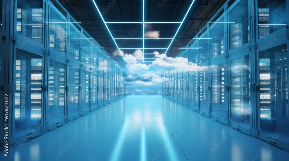 cloud computing concept art abstract, cloud server. data center organize, technology blue light room Generative AI