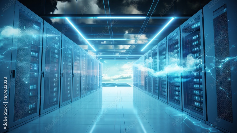 Fototapeta premium cloud computing concept art abstract, cloud server. data center organize, technology blue light room Generative AI