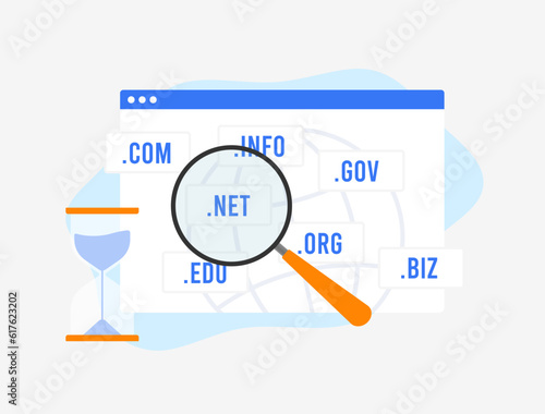 Domain Age - SEO rank factor concept. Check website domain with different web domain namespace, history and age with hourglass illustration. Boost search engine optimization on white background