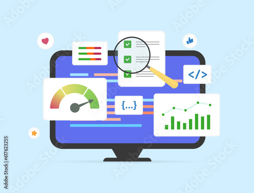SEO marketing and digital analytics concept. Business data analysis with information dashboard, finance report, and statistics charts. Key performance indicators for SEO and SMM