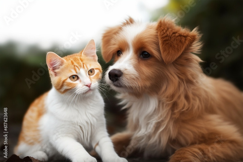 a cute dog and cat sitting together