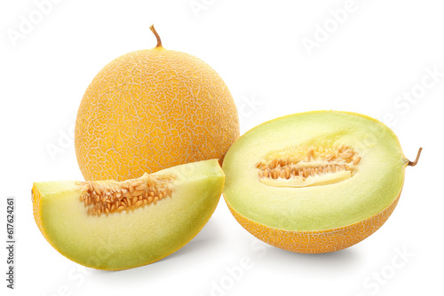 Half of sweet melon with piece on white background