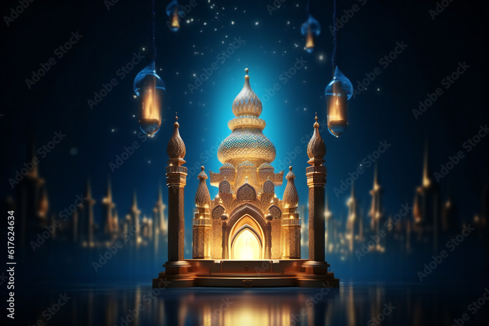 ramadan kareem eid mubarak royal elegant lamp with mosque holy gate with fireworks generative AI