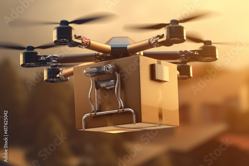 drone with packages flying over building, carrying box with delivery