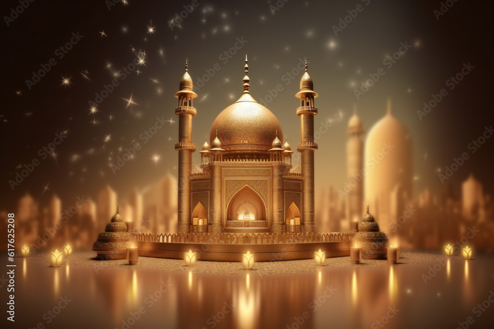 ramadan kareem eid mubarak royal elegant lamp with mosque holy gate with fireworks generative AI