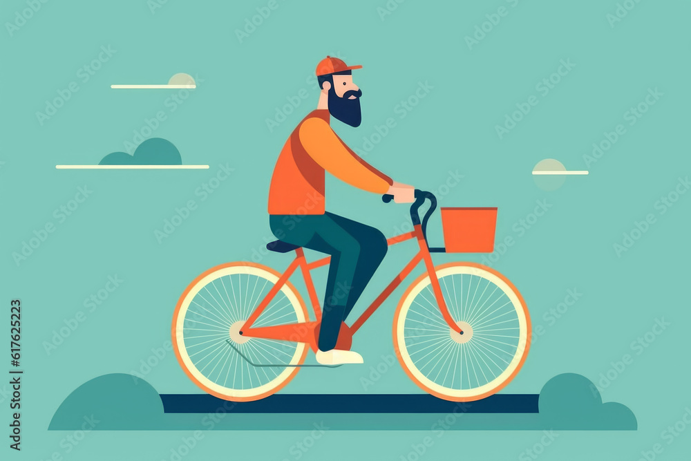 man on bicycle with backpack, bearded cyclist riding bike - obrazy, fototapety, plakaty 