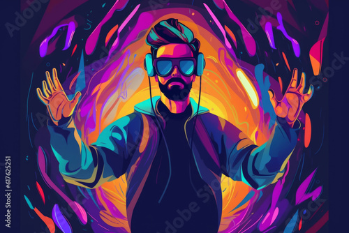 man has beard and glasses that are drawn, bearded man with vr goggle