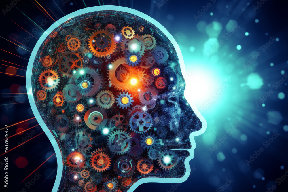 gears rising into our human heads and eyes surrounded by colorful lights and blue light in circular pattern, how mental health effects people, concept of thinking and ideas gears rising into our human heads and eyes surrounded by colorful lights and blue light in circular pattern, how mental health effects people, concept of thinking and ideas