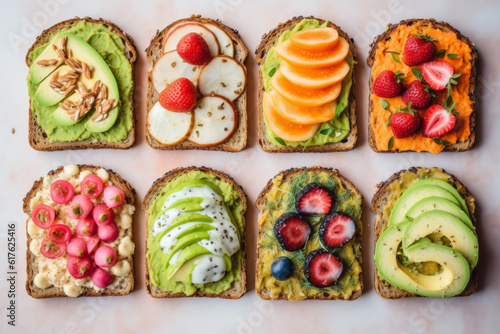 sliced breakfast bread with different toppings, seven types of sandwich food, health and wellness nutrition