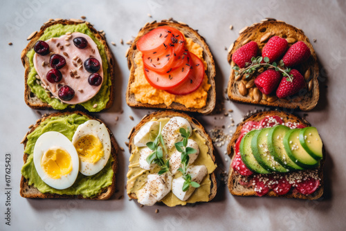 sliced breakfast bread with different toppings, seven types of sandwich food, health and wellness nutrition
