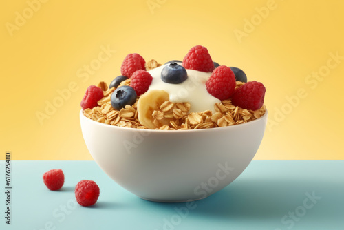 granola and yogurt with cereal, berries mixed with berries in bowl