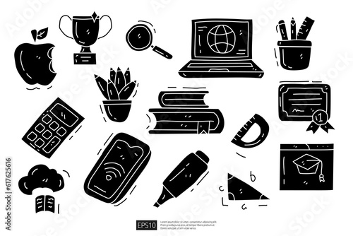 Online education solod doodle icon set. Distance learning. video tuition, online course, e-learning, audio course, educational website. Vector illustration