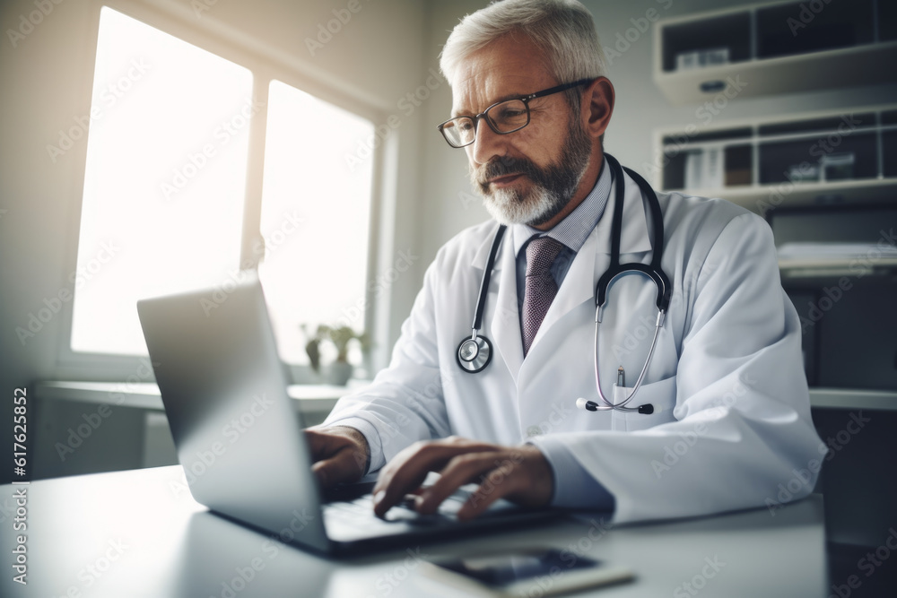 senior male doctor working typing with laptop computer senior male doctor working typing with laptop computer