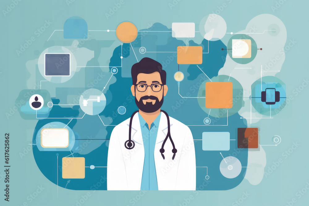 digital health tech for health and medical professionals, man in beard standing in front of icons digital health tech for health and medical professionals, man in beard standing in front of icons