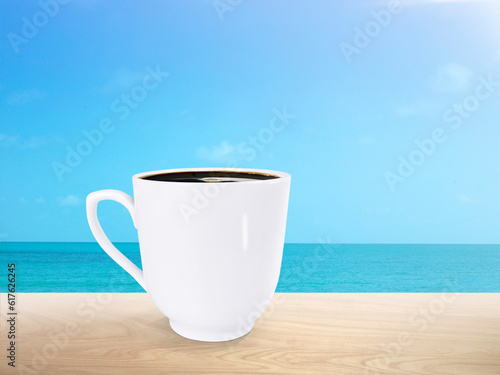 coffee mugs on wooden table There is a sea and sky background.