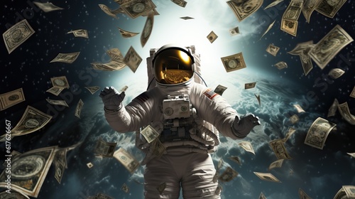 To the Moon. Astronaut on the moon with lots of money. Generative AI