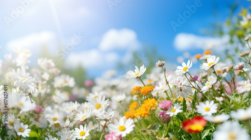 Beautiful blurred spring background nature with blooming glade Gardenia,Daisy,Jasmine,Rose, trees and blue sky on a sunny day. © wipawan