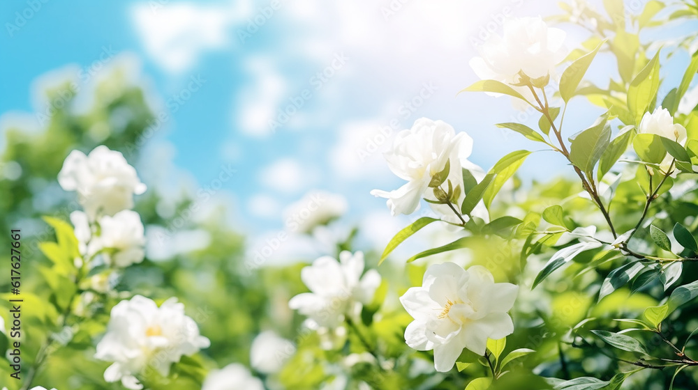 Beautiful blurred spring background nature with blooming glade Gardenia,Daisy,Jasmine,Rose, trees and blue sky on a sunny day.