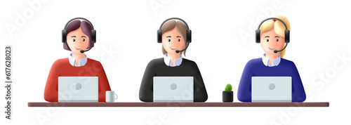 Call center office people working in fron of laptop in headset, assistance support proffession