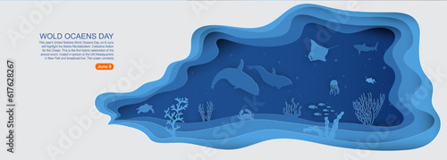 Paper art concept with underwater sea cave and fishes.Paper cut style vector illustration.