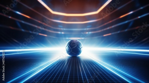 Football in the center of a futuristic indoor soccer field or stadium with glowing white lines background. 3D Illustration. photo