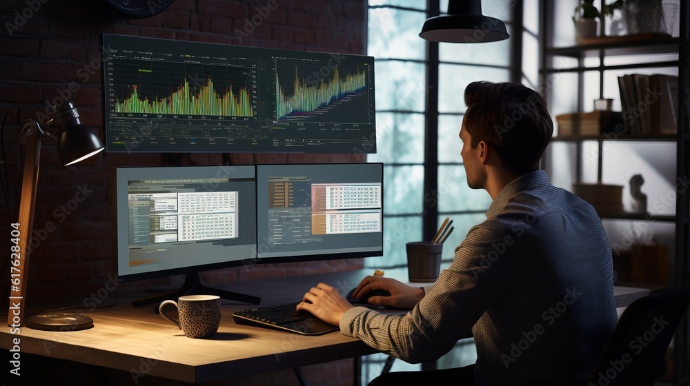 person using computers at desk with business data displayed Generative AI person using computers at desk with business data displayed Generative AI