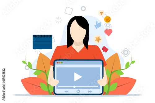 People with cell phones use and watch streaming services with clappers. Streaming cinema concept. video marketing, online cinema. Vector illustration of woman holding tablet and playing video.