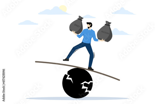 Debt burden. financial obligations or loan repayments. Balance between income and liabilities. Asset or income management. Businessman carrying debt on seesaw. vector illustration.