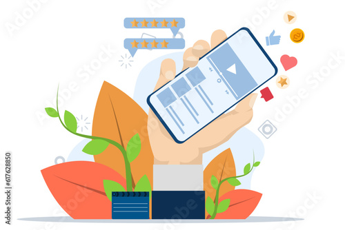People with cell phones use and watch streaming services with clappers. Streaming cinema concept. video marketing, online cinema. Vector illustration of a hand holding a cell phone and playing a video