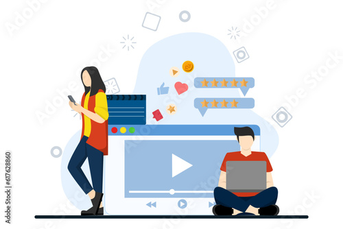 People with cell phones use and watch streaming services with clappers. Streaming cinema concept. video marketing, online cinema. characters with cell phones and laptops playing videos.