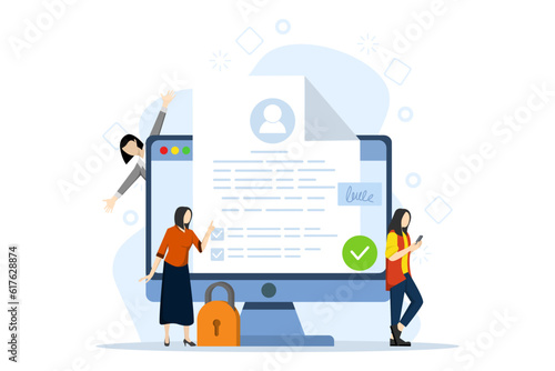 Terms and conditions concept. Browse signature documents, protect personal data, check documents. Concept of account security, privacy policy, user consent. Vector illustration in flat design.