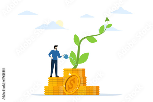 Investment growth or business growth, A businessman watering a small plant shaped like a growth chart. make profit in stock market or income growth concept. flat vector illustration.