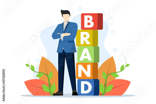 characters make the word BRAND from cubes. Personal brand concept, journalism, advertising, online advertising, public relations, recognizable branding in flat design. flat vector illustration.