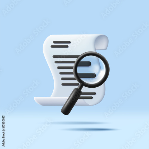 3d render vector paper contract document or receipt bill with search magnifying glass symbol design. Rolled parer roll