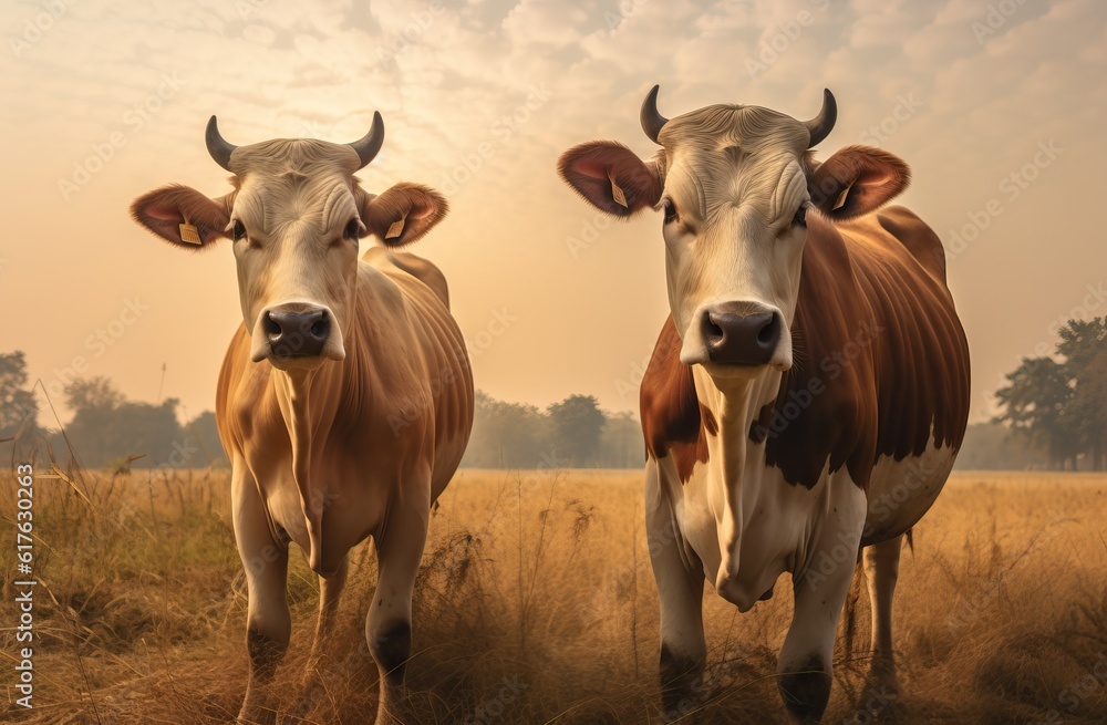 Pastured cows, cattle in an open field, natural farming. 