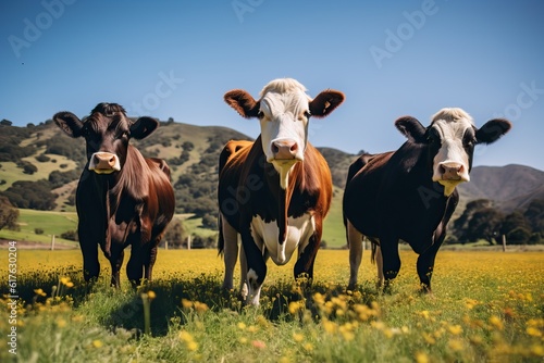 Pastured cows, cattle in an open field, natural farming. 