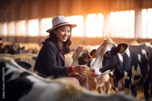 Asian dairy woman working alone outdoors on a farm Beautiful young farmer feeding herd of cows with hay in the cowshed with happiness at the ranch industry